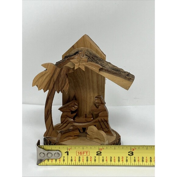 Carved Wood Nativity Scene Bethlehem Palm Tree Crèche ~4x3” Christmas Mini Tiki - Picture 3 of 9